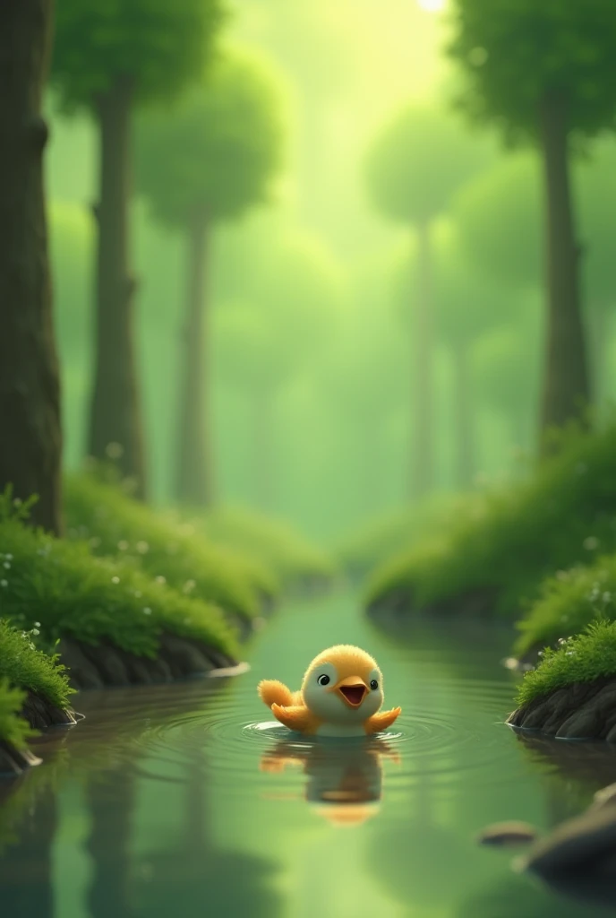 "A peaceful green forest with a baby bird that has fallen from its nest into a small puddle. The baby bird is struggling, flapping its wings in the water, surrounded by reflections of trees and sunlight. The atmosphere is gentle yet slightly dramatic, emph...