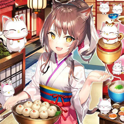    distribute rice balls to many people     、     make lots of rice balls     、 美術品のようなRice balls that shine in seven colors を作る 、   Exciting 、     distribute rice balls to many people   、   Cat Pattern Apron     、 Attach a cat's tail  、   cat ears laugh  ...