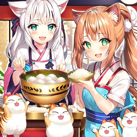    distribute rice balls to many people     、     make lots of rice balls     、 美術品のようなRice balls that shine in seven colors を作る 、   Exciting 、     distribute rice balls to many people   、   Cat Pattern Apron     、 Attach a cat's tail  、   cat ears laugh  ...