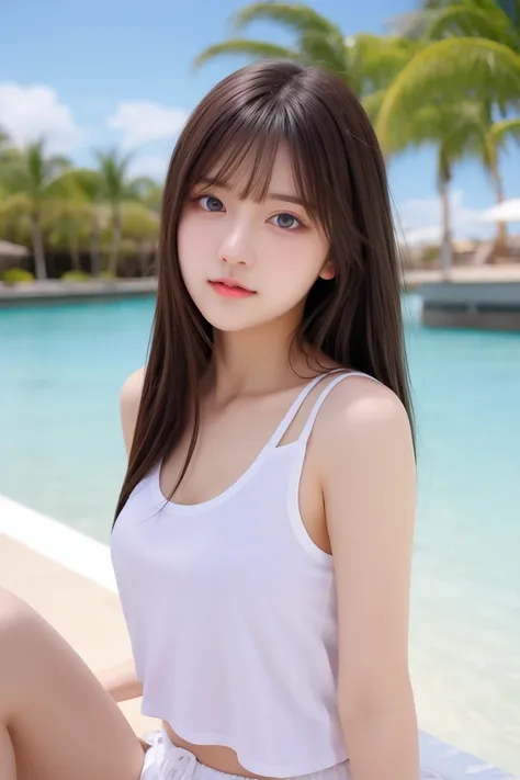 Gorgeus Girl, Beautiful, 20 Years Old, White Skin, Beside, Sexy Pose, White Loose tanktop, Blue Eye, (Beautiful Atmosphere) Background, Masterpiece, Fullbody Shot