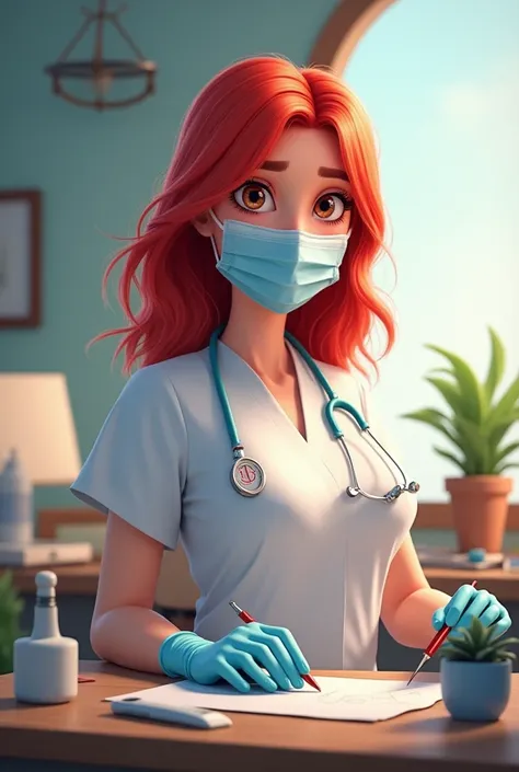 Logo of a red-haired cosmetologist wearing a surgical uniform in her office with her desk Camilla Disney Pixar