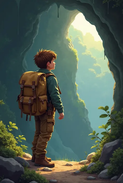 CREATE AN IMAGE OF A  BROWN-HAIRED BOY WITH AN ADVENTURER'S BACKPACK AND ADVENTURE CLOTHING WHO IS GOING TO SEARCH FOR TREASURE IN A MYSTERIOUS CAVE TOGETHER WITH HIS 56-YEAR-OLD GRANDFATHER, THIS IMAGE IS GOING TO BE USED FOR THE COVER OF AN ADVENTURE STO...