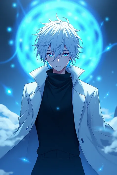 Surrounded by a shining blue aura, white all-white hair, Gojo Satoru has sparkling blue eyes, wears black clothes without accessories or ornaments, wears a white coat on top, and wears a black muffler