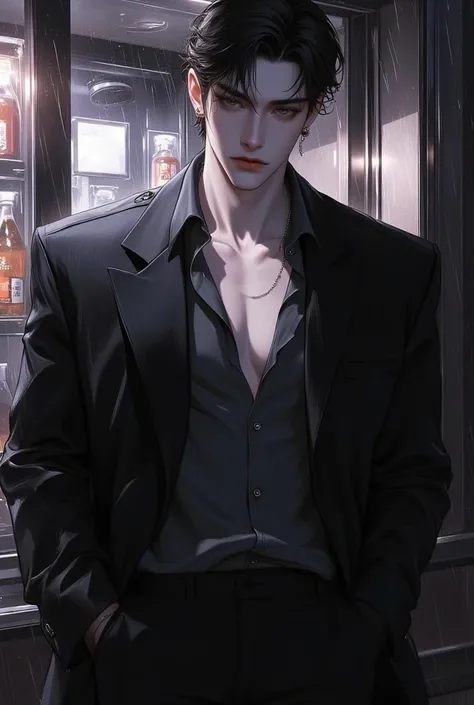 A dark, semi-realistic watercolor anime style. Kang Ji-hoon, a ruggedly handsome and mature Korean man, strides into a dimly lit convenience store, exuding confidence and danger. He is dressed in a modern, impeccably tailored black suit that accentuates hi...