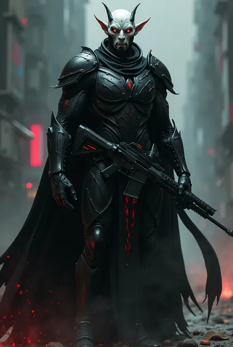 Create a white-skinned demon, pointy ears with dark sci-fi armor, black cape, red eyes with assault laser rifle and minimal health and devil look wearing a black metal mask covering mouth