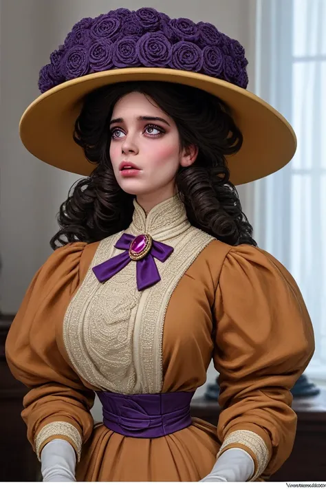 Veronica Lodge as a sexy 15yo brunette thot of the 1900s giving a blowjob to a 69yo gentleman. 1900_dr3ss, fellatio, oral sex, giving head. Wearing a yellow high-collar gown with long puff sleeves and wide-brimmed hat topped with purple flowers, purple ruf...