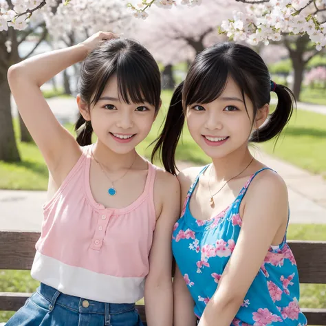 two 日本人女性 in posing for a picture in the park, cherry blossoms in full bloom, kawaii decoration, morning, summer, Tumbler, Tachismo,  japanese girl, ( middle school student:1.5),  young skinny gravure idol, showing their armpits to the viewer together,  th...