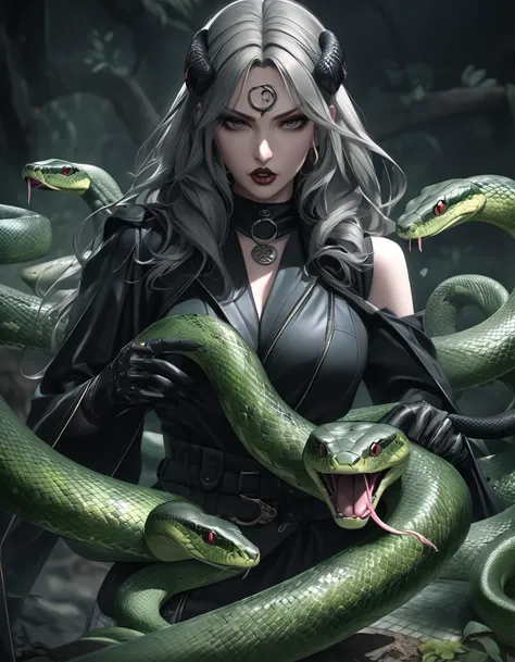 Animation, 8K quality, woman controlling poisonous snakes, suspicious outfit and heavy make-up, multiple poisonous snakes being controlled by the woman, the snakes sticking their long tongues out and about, realistic, beautiful, muted colors.