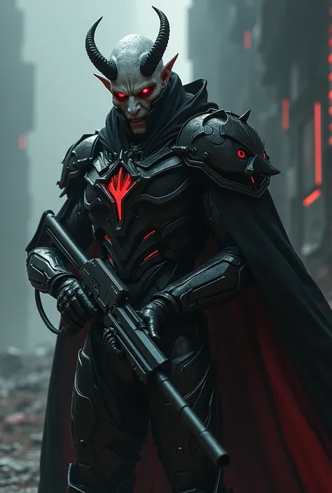 Create a white-skinned demon, pointy ears with dark sci-fi armor, black cape, red eyes with assault laser rifle and minimal health and devil look wearing a black metal mask covering mouth