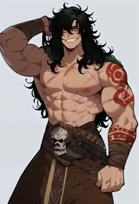 (score_9, score_8_up, seductive face, seductive expression), hyborean man, warrior, barbarian, bronze skin, black hair, hazel eyes, tall, muscular, scar, scar_across_eye, yellow eyes, glowing_eye, long hair, long bangs, messy hair, :o, grin, Barbarian cost...