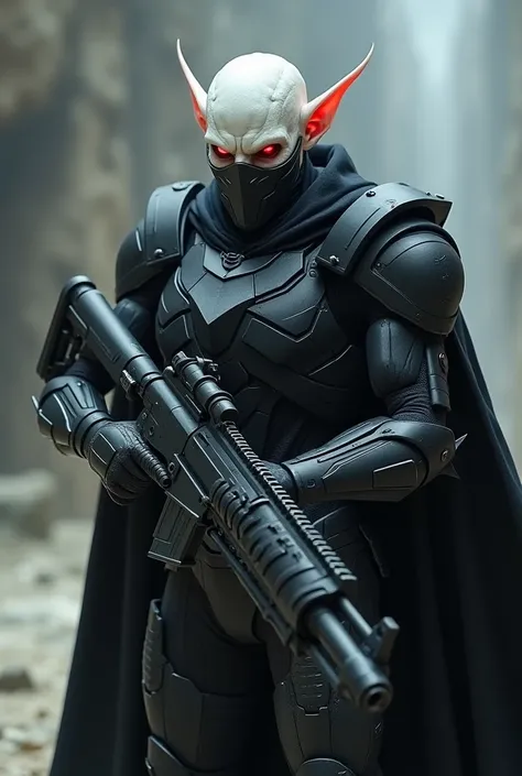 Create a white-skinned demon, pointy ears with dark sci-fi armor, black cape, red eyes with assault laser rifle and minimal health and devil look, no horns wearing a black metal mask covering mouth