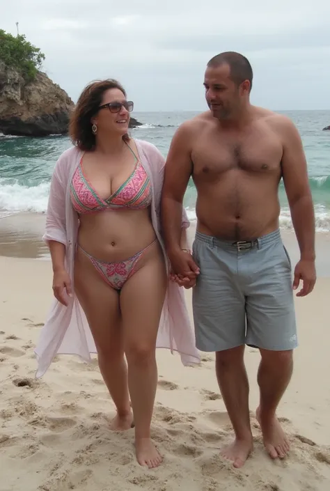 A 27 years old ,matured,american white woman with a large-sized, full figured body shape, ivory white round-shaped face.

She and her black african husband. Attire: A simple yet elegant bikini with a sheer beach wrap.

Pose: Walking hand-in-hand with her p...