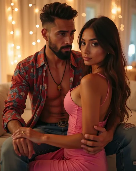 Ultra-wide angle shot from distance: A luxurious white-lit lounge sets the scene for an intimate moment between a stunning couple. The 30-year-old man, sporting a quaff hairstyle, trimmed beard, and brown eyes, cradles his 26-year-old girlfriend's curves i...