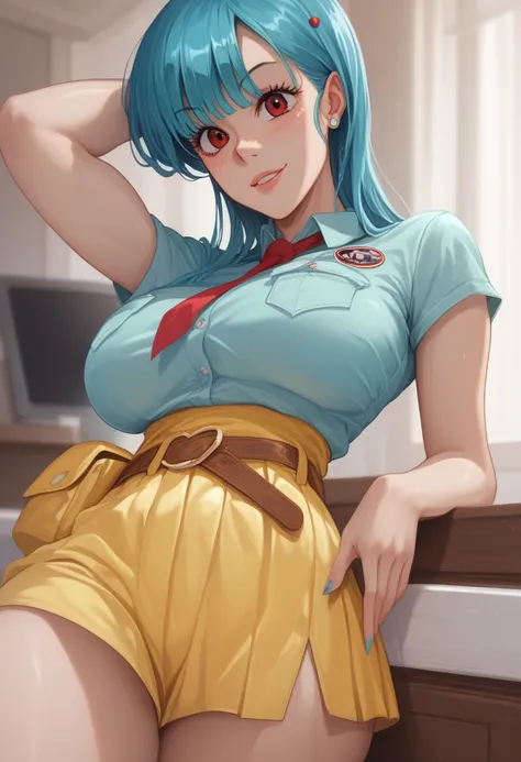 Bulma in ssj3 but blue hair red eyes yellow waist belt 