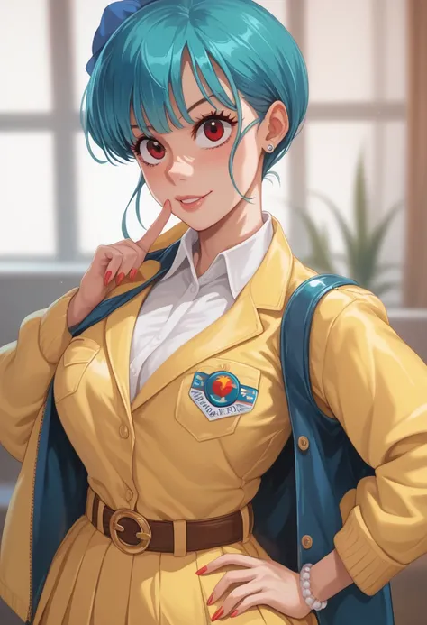 Bulma in ssj3 but blue hair red eyes yellow waist belt 