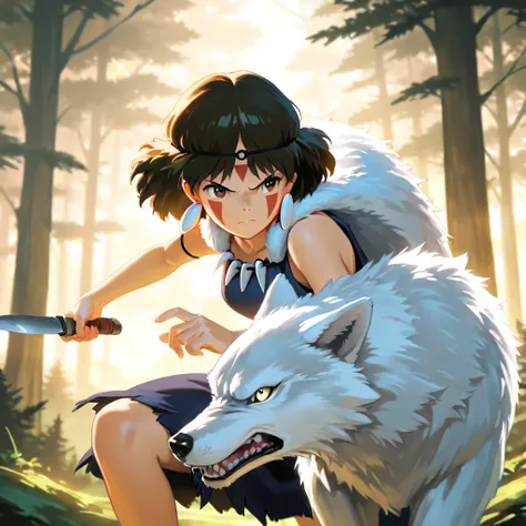 Quality: ((Best quality illustration)), (masterpiece), ((Detailed)).
san_(mononoke_hime), princess_mononoke, Ghibli style, 1girl, solo, angry, holding a hunting knife, with wolf, large white wolf, outdoors, forest,
Camerawork: medium shot, cinematic lighti...