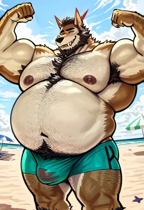 Big daddy wendell, werewolf, brown fur, very huge muscles, exposed big fat naked cock, no underwear, seductive, large man, flexing, intimidating, ripped clothes, beard, hairy chest, sunny day at thebeach outside, erotic, perfect anatomy, shirtless, Unique,...