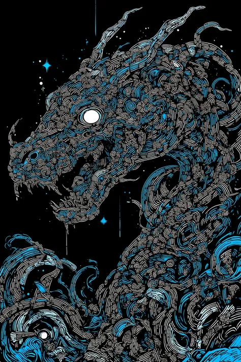 白色背景に黒色のインクで描かれた杖をついたSnake Head Monster 🧌の絵, inspired screen print  ,  mixed style , white ink sketch on black paper,  graphic details ,  Indigenous Carvings , 高コントラストのWoodblock print, black and white sculpture ,  Delicate ink drawing details , on black pa...