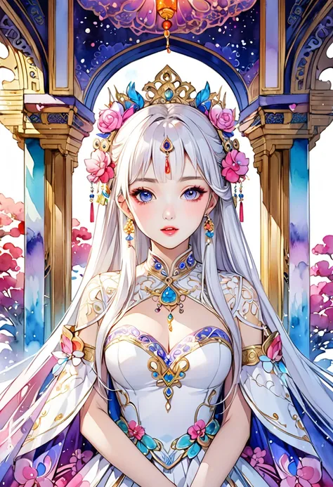  💖💋💖intense watercolor、 Chinese period drama fantasy 、 princess from the Divine Realm 、palace、white costume dress 、Jewelry、 beautiful digital art illustration、 vivid color、CG、