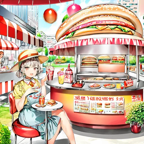 8k、In a kitchen car in a city park、Woman selling hamburgers、A model of a hamburger and a model of a drink、Colourful round chairs and large awnings、