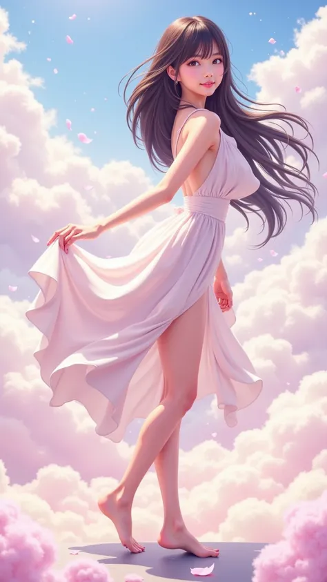 A woman in a playful pose, with one arm raised in a carefree gesture and a soft smile, her silhouette casting a gentle shadow. Her dress flows softly around her as if caught by a light breeze. The background is a pastel-colored sky filled with fluffy cloud...