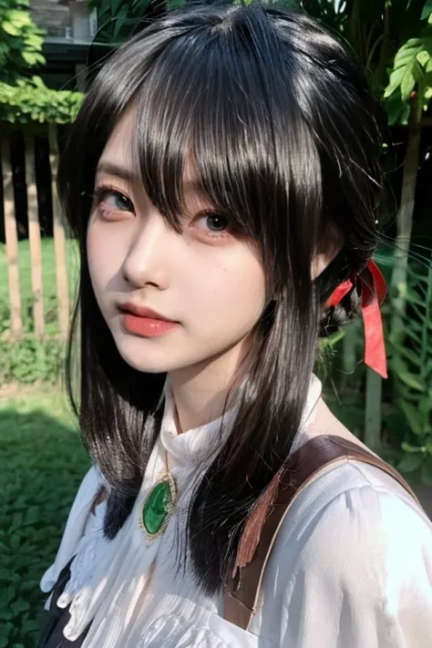  violet_ Evergarden , green_eye,  best quality,  super high resolution, (photorealistic 1.4),  1 girl in the best, , medium chest,( Long Black Hair :1.3),  expressionless ,  long dress ,  Hair Blade ,  red ribbon, green gemstone necklace, ((puffy eye)), ((...