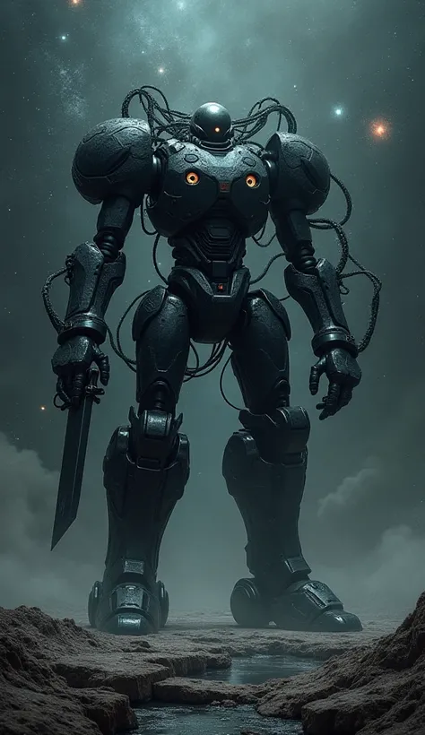 A massive humanoid warbot inspired by void stands in the center of an endless, pitch-black abyss, surrounded by swirling tendrils of dark matter and unlit, decaying stars. Its colossal frame is constructed from an obsidian-like material that seems to absor...