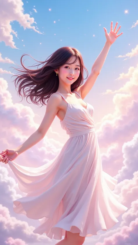 A woman in a playful pose, with one arm raised in a carefree gesture and a soft smile, her silhouette casting a gentle shadow. Her dress flows softly around her as if caught by a light breeze. The background is a pastel-colored sky filled with fluffy cloud...