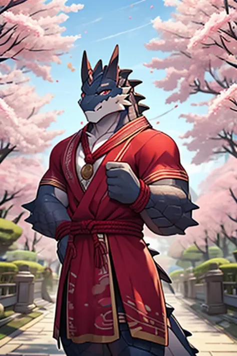 The scales on the male body of DragonPerson are pink, strong, and he looks softly at the camera in a red dress, with a red rope tied to his clothes, his hands are tied with a red rope, and he is standing under a cherry blossom tree