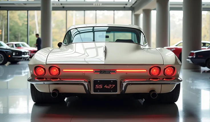 "A realistic, high-quality image of a modern sports car seen from the rear angle, resembling a 1960
 Chevrolet Nova SS 427. The car is Off white with glossy paint and a sleek, aerodynamic design. It has four large, round exhaust pipes and a wide, continuou...