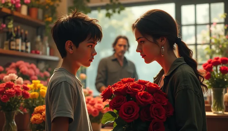 "Create a scene in a flower shop where a sad young boy that age  holding a bouquet of red roses is being confronted by a stern older woman, while a kind man keanu revees  in the background watches the interaction sympathetically..and help the boy  The shop...