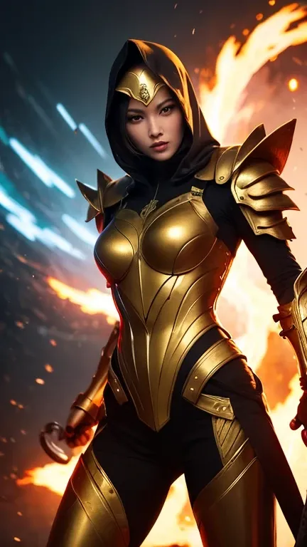 A full-body depiction of a female warrior with a muscular, powerful physique and a cobra head, her hood flared behind her. She wears gleaming golden armor intricately designed with snake-scale patterns and adorned with delicate carvings. She strikes a dyna...