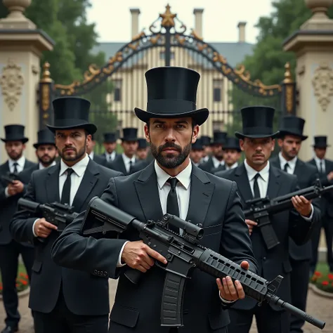 group of Guys in fancy suits and top hats holding m16 rifles infront of a francy gated mansion standing off against police