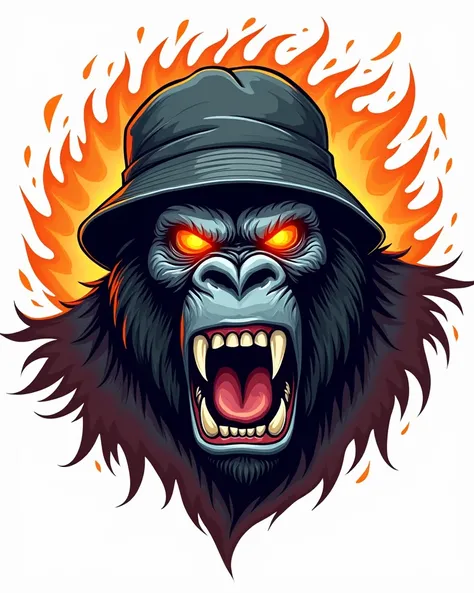 clean SVG comics art image of a angry gorilla head  with burning eyes wearing bucket cap, white background, with spiral flame in background effect, big logo art