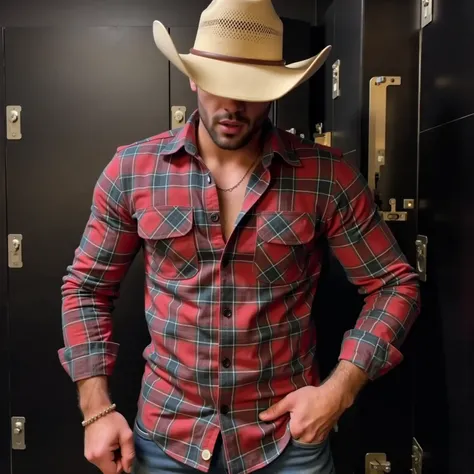   An Arafat man wearing a cowboy hat and plaid shirt posing for a photo,   a color photo inspired by Clint Cearley  , Trends on Pexels,  fantastic realism , Western clothing , Cowboy style, , con una camisa de flannel, 🤠 using a 🖥, cowboy theme , flannel, ...