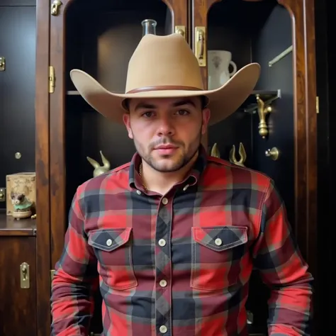   An Arafat man wearing a cowboy hat and plaid shirt posing for a photo,   a color photo inspired by Clint Cearley  , Trends on Pexels,  fantastic realism , Western clothing , Cowboy style, , con una camisa de flannel, 🤠 using a 🖥, cowboy theme , flannel, ...