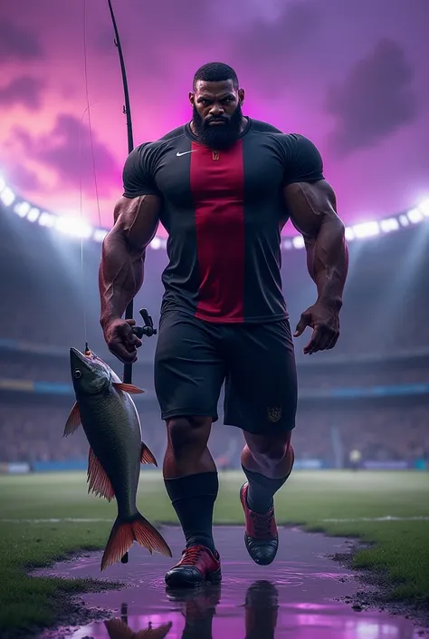   Intimidating muscular man with a fishing rod and a sabalo in his football shirt half black and half red vertically stepping on puddles in a football stadium with purple sky