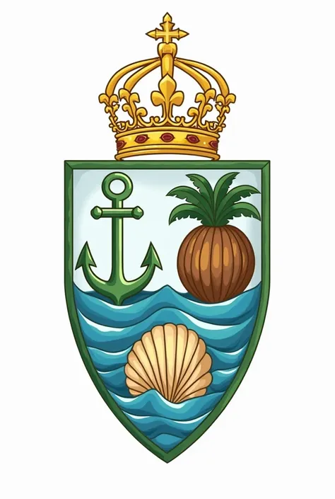 Create a Catholic coat of arms for the Diocese of Macaé.  Must refer to the sea , The anchor , The shell and the coconut tree .  Behind the shield, instead of crown and foliage use a staff and a cross crossing them behind the shield.