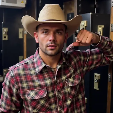   An Arafat man wearing a cowboy hat and plaid shirt posing for a photo,   a color photo inspired by Clint Cearley  , Trends on Pexels,  fantastic realism , Western clothing , Cowboy style, , con una camisa de flannel, 🤠 using a 🖥, cowboy theme , flannel, ...