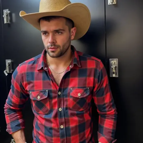   An Arafat man wearing a cowboy hat and plaid shirt posing for a photo,   a color photo inspired by Clint Cearley  , Trends on Pexels,  fantastic realism , Western clothing , Cowboy style, , con una camisa de flannel, 🤠 using a 🖥, cowboy theme , flannel, ...