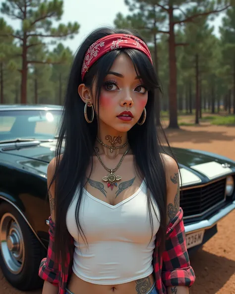 Make the image of a young woman Chola Seria ,   with white sleeveless t-shirt, On top of a checkered shirt 
, A bandana on the head,  tattooed, eyes with a deep black outline , deep wine lips ,   long straight hair, .  long straight hair ,  Hair between ey...