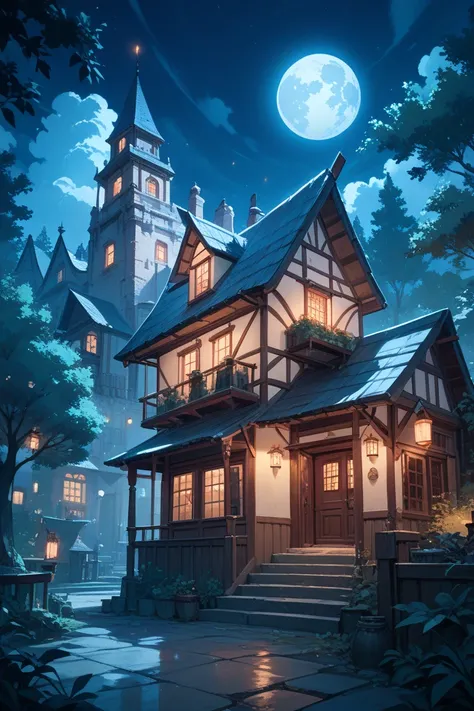 dark village, The sky is full of clouds, so I can't see the moon,All the lights in the building are off,Surrounded by a stone wall, dark night ,The area around the town is surrounded by a forest made of black trees