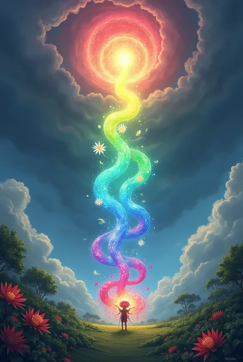 Panel 5: Calming the Storm
Illustration: A beautiful scene where colors from Florans create a rainbow that calms the storm.
Text: "And with unity and courage, they restored balance to their world."