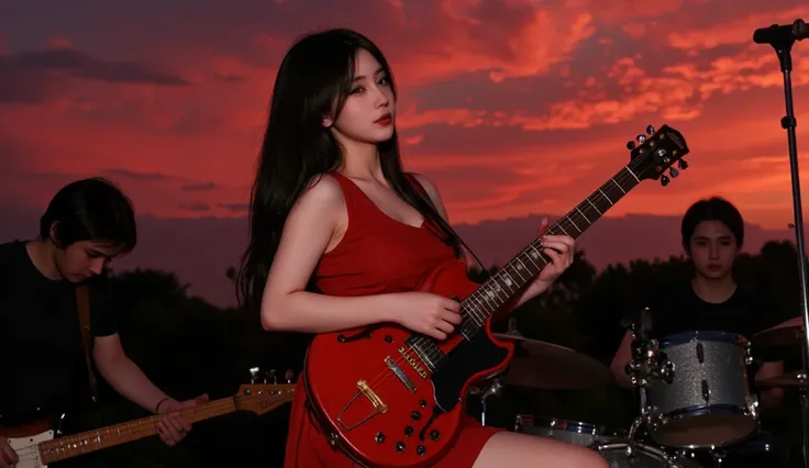 Close-up of the face, brightening up the woman's face, fiery red evening sky in the background, beautiful woman with long black hair playing the red electric guitar alone, wearing a sleeveless red mini dress, electric guitar behind her, electric bass and D...