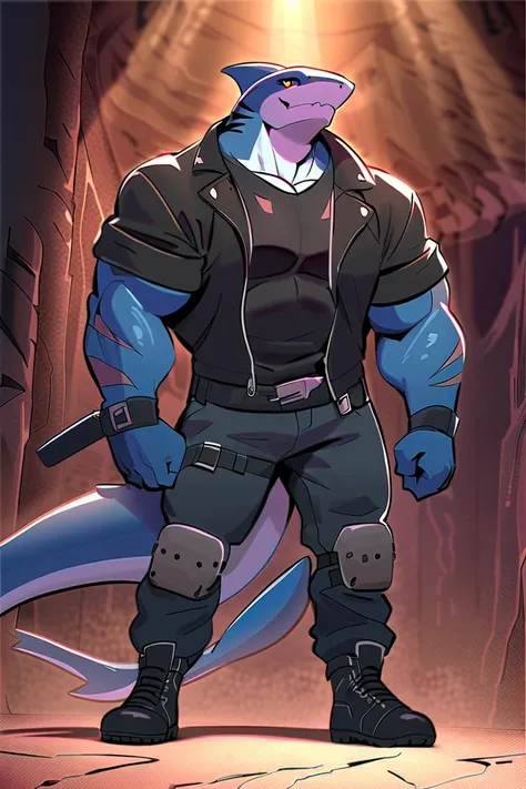 masterpiece, Blue Shark, dark blue fur, strong physique, very muscular, blue beard, yellow eyes, eyes are shining、 strong jaw, giant biceps, Alone, great lighting, very manly, sweaty, Fantasy theme , Killer in Gang , scars ,Bad boy, （Strong body，muscular：1...