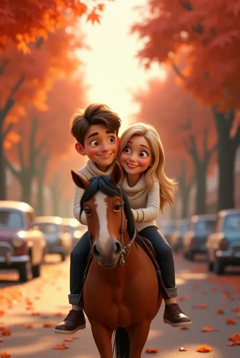  animated 3D portrait inspired by Disney Pixar of a happy couple in an autumnal environment . The man,  with short brown hair and a friendly smile ,  is using a white sweater and dark pants while giving the woman a Horseback riding.  The woman has long blo...