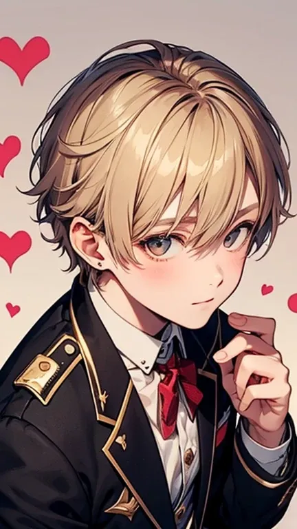 （ boys:1.8）、 male high school student 、 old man 、 Short Blonde 、 handsome、 brown eyes ,   blazer uniform 、upper body,  High Angle View   ( bird eye view ),  heart sticker 、 heart and shine