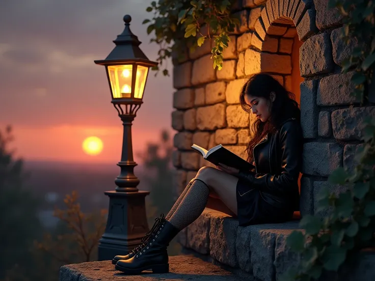 sunset. a long cinder block in shape, With back-up,   illuminated underneath .  A lamp post in the shape of a lantern illuminating a beautiful Gothic girl reading a book.  Sentada con los pies sobre el bloque y recostada en el muro de un largo bloque de ce...