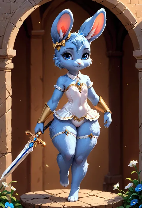 Small slender female bunny with good big thighs and blue fur with white and beautiful blue eyes and she carries a sword and she is a girl and she is very cute.