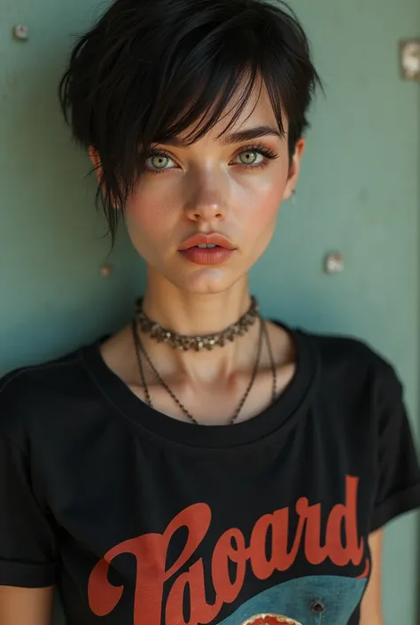 Women's Handsome Short Hairstyle with Green Eyes, Wearing a Rock Band T-shirt in Cool Poses 
